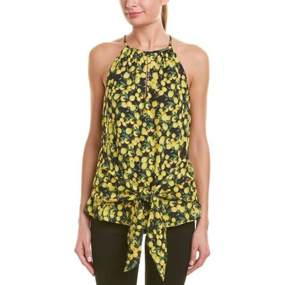 Parker Lemon Print Yellow Top Halter Front Tie Chiffon Blouse Sz M NWT